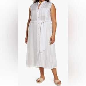 Vince Stripe Sleeveless Shirtdress tie waise shirt dress midi maxi white XXL NWT